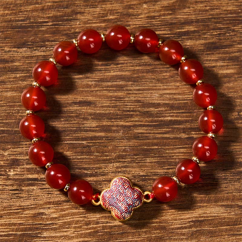 Buddha Stones Bracelet à breloques en agate rouge, brocart, trèfle à quatre feuilles et trèfle à quatre feuilles, porte-bonheur - image 1