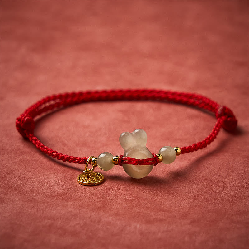 Buddha Stones Bracelet vintage Hetian Jade à boucle de paix en forme de tête de lapin, symbole Fu, cordon rouge, symbole d'ancrage - image 1