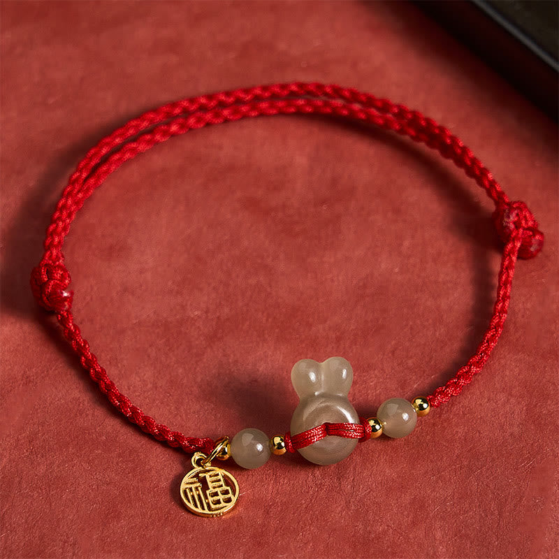 Buddha Stones Bracelet vintage Hetian Jade à boucle de paix en forme de tête de lapin, symbole Fu, cordon rouge, symbole d'ancrage - Jade naturel (la couleur peut varier) - image 0