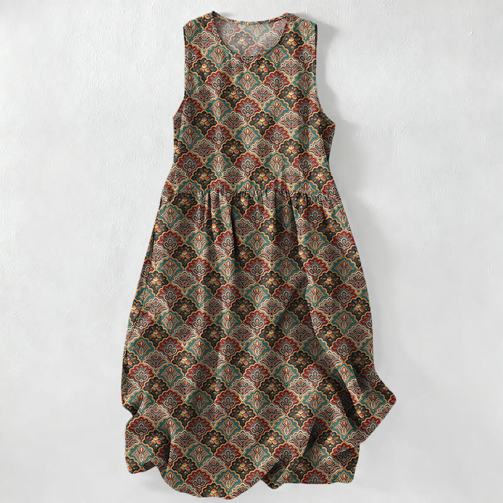 Buddha Stones Robe midi d'été décontractée pour femme, style vintage persan, à motif floral, sans manches et avec poches - Terre de sienne - US16，UK/AU20，EU48 (3XL) - image 0