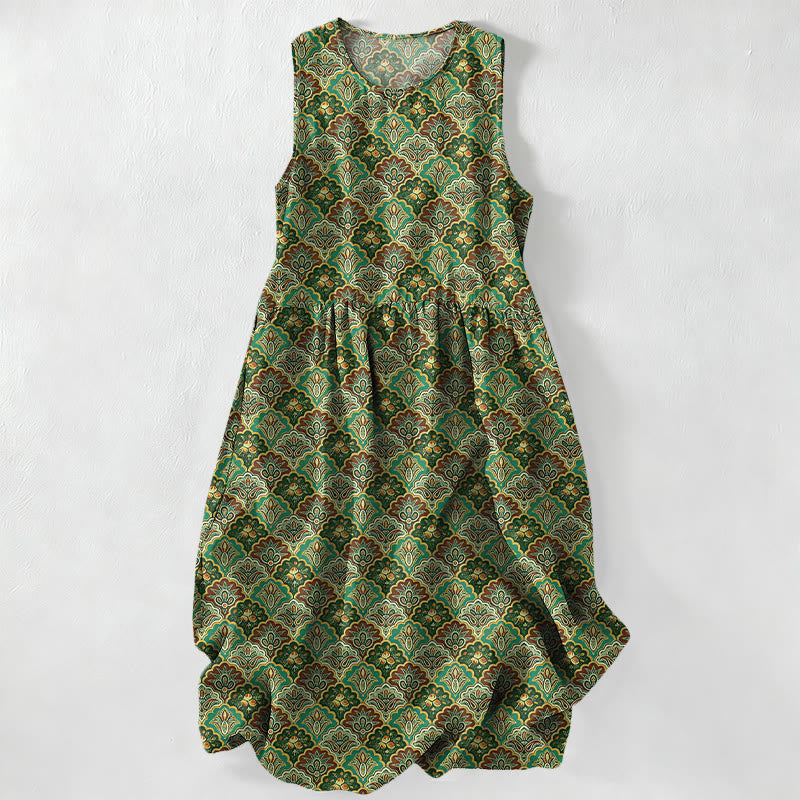 Buddha Stones Robe midi d'été décontractée pour femme, style vintage persan, à motif floral, sans manches et avec poches - Vert olive foncé - US16，UK/AU20，EU48 (3XL) - image 4