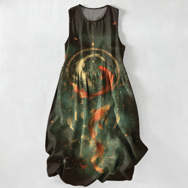 Buddha Stones Robe midi d'été décontractée pour femme, ornée de plumes de carpes koï jumelles et dotée de poches - Vert foncé - US16，UK/AU20，EU48 (3XL) - image 5