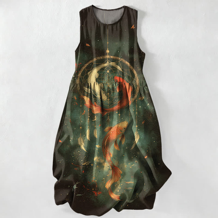 Buddha Stones Robe midi d'été décontractée pour femme, ornée de plumes de carpes koï jumelles et dotée de poches - Vert foncé - US16，UK/AU20，EU48 (3XL) - image 5