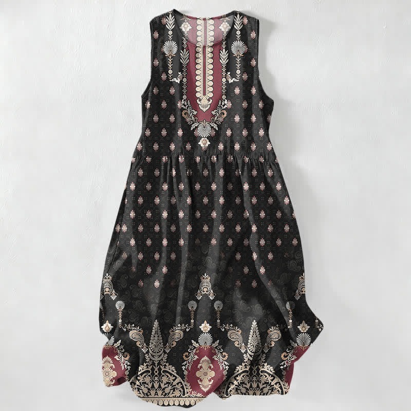 Buddha Stones Robe midi d'été décontractée rose à motif floral ethnique pour femme, sans manches et avec poches - Noir - US16，UK/AU20，EU48 (3XL) - image 0