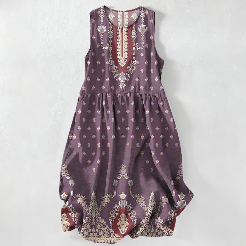 Buddha Stones Robe midi d'été décontractée rose à motif floral ethnique pour femme, sans manches et avec poches - Violet - US16，UK/AU20，EU48 (3XL) - image 4