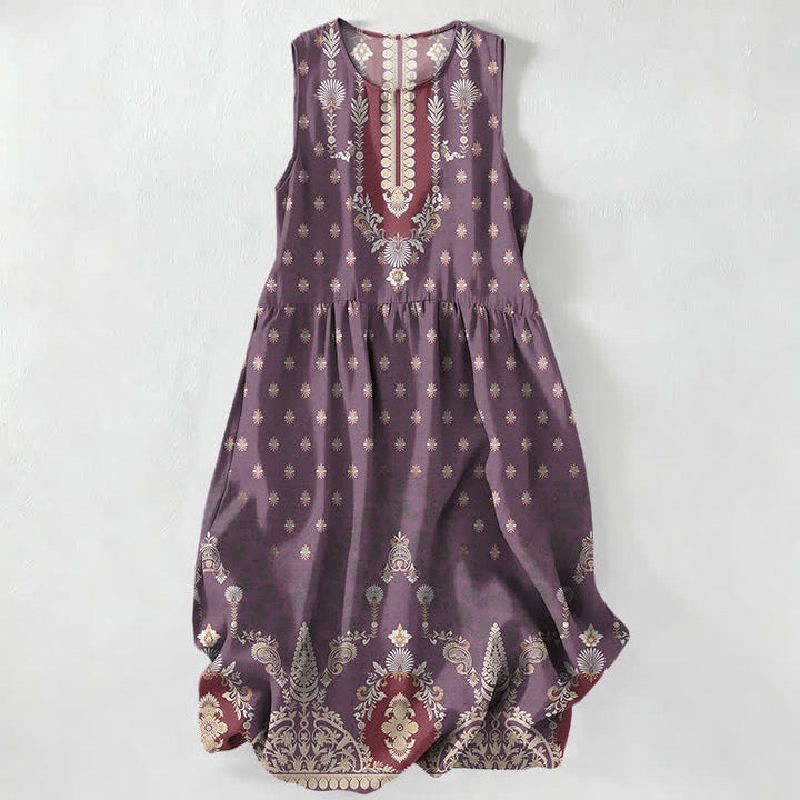 Buddha Stones Robe midi d'été décontractée rose à motif floral ethnique pour femme, sans manches et avec poches - Violet - US16，UK/AU20，EU48 (3XL) - image 4