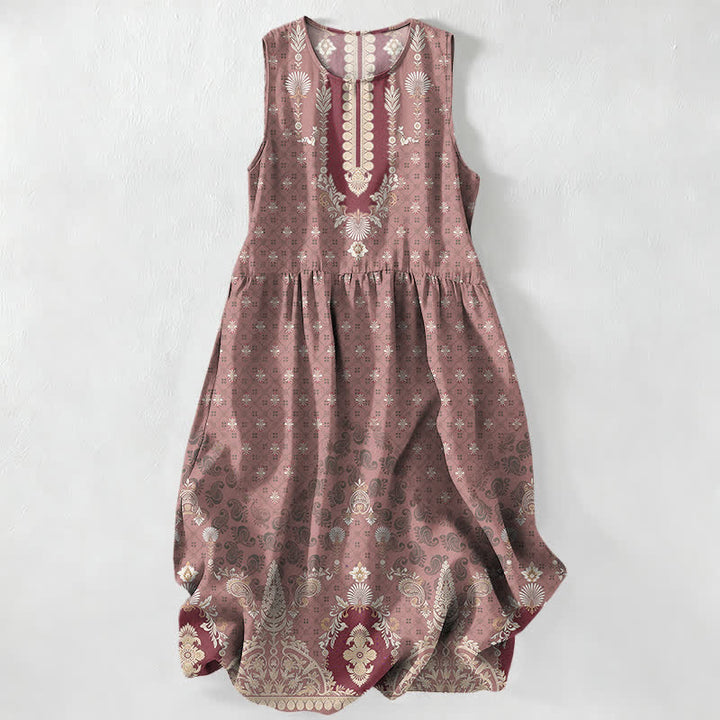 Buddha Stones Robe midi d'été décontractée rose à motif floral ethnique pour femme, sans manches et avec poches - RosyBrown - US16，UK/AU20，EU48 (3XL) - image 5
