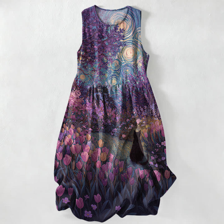 Buddha Stones Robe midi d'été décontractée pour femme, sans manches, avec poches, à motif floral tourbillonnant et chat noir, style peinture à l'huile. - Violette sombre - US16，UK/AU20，EU48 (3XL) - image 4