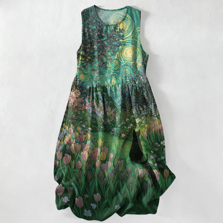 Buddha Stones Robe midi d'été décontractée pour femme, sans manches, avec poches, à motif floral tourbillonnant et chat noir, style peinture à l'huile. - Vert forêt - US16，UK/AU20，EU48 (3XL) - image 5