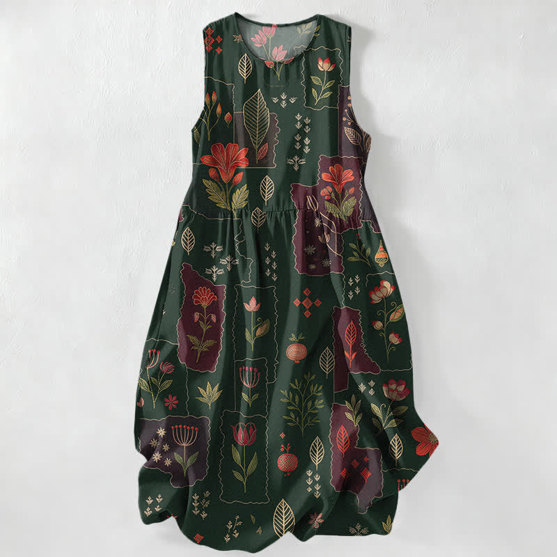 Buddha Stones Robe midi d'été décontractée et vintage à motif floral patchwork et feuilles, sans manches, avec poches, pour femme - Vert foncé - US16，UK/AU20，EU48 (3XL) - image 0