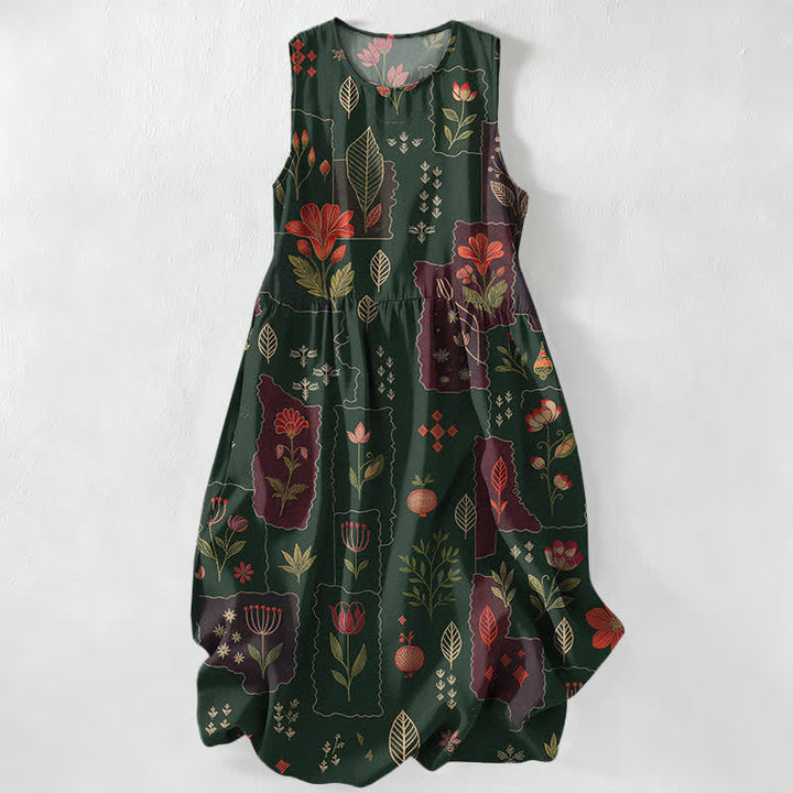 Buddha Stones Robe midi d'été décontractée et vintage à motif floral patchwork et feuilles, sans manches, avec poches, pour femme - Vert foncé - US16，UK/AU20，EU48 (3XL) - image 0