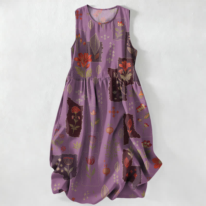Buddha Stones Robe midi d'été décontractée et vintage à motif floral patchwork et feuilles, sans manches, avec poches, pour femme - Violet moyen - US16，UK/AU20，EU48 (3XL) - image 4