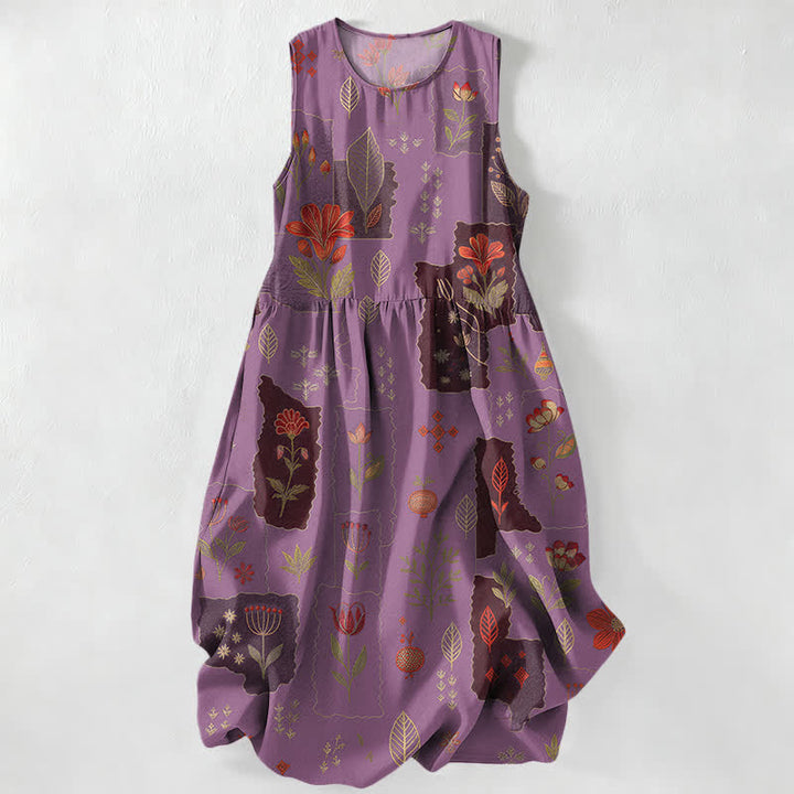 Buddha Stones Robe midi d'été décontractée et vintage à motif floral patchwork et feuilles, sans manches, avec poches, pour femme - Violet moyen - US16，UK/AU20，EU48 (3XL) - image 4
