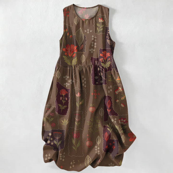 Buddha Stones Robe midi d'été décontractée et vintage à motif floral patchwork et feuilles, sans manches, avec poches, pour femme - Terre de sienne - US16，UK/AU20，EU48 (3XL) - image 5