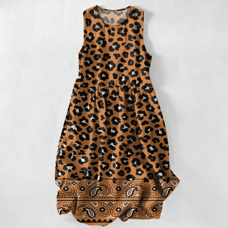 Buddha Stones Robe midi d'été décontractée pour femme, à motif léopard vintage et bordure cachemire, sans manches et avec poches - Pérou - US16，UK/AU20，EU48 (3XL) - image 0