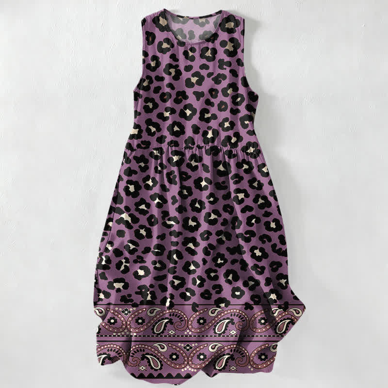 Buddha Stones Robe midi d'été décontractée pour femme, à motif léopard vintage et bordure cachemire, sans manches et avec poches - Violet moyen - US16，UK/AU20，EU48 (3XL) - image 4