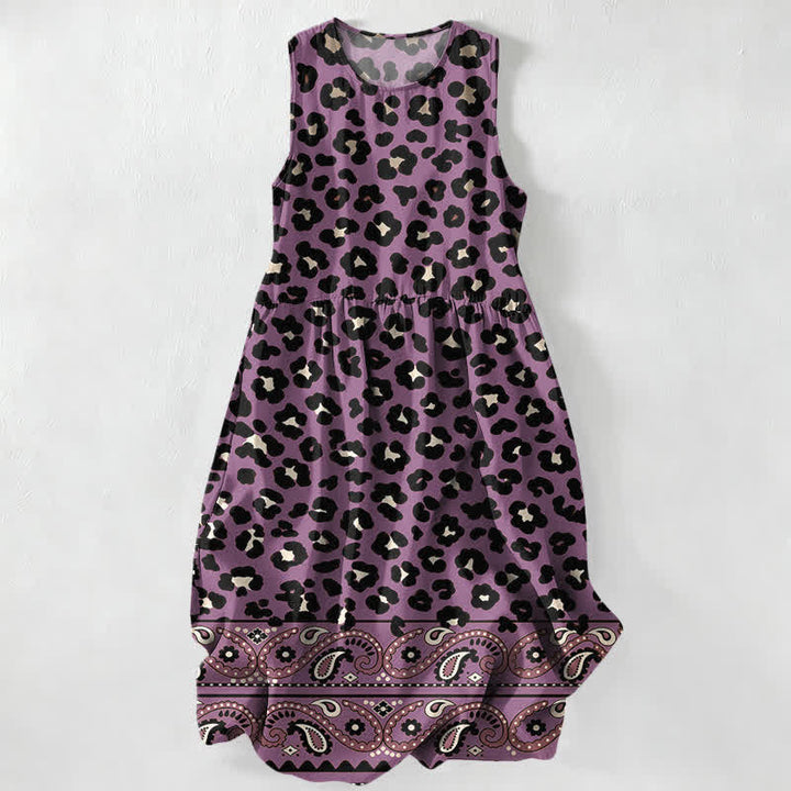 Buddha Stones Robe midi d'été décontractée pour femme, à motif léopard vintage et bordure cachemire, sans manches et avec poches - Violet moyen - US16，UK/AU20，EU48 (3XL) - image 4