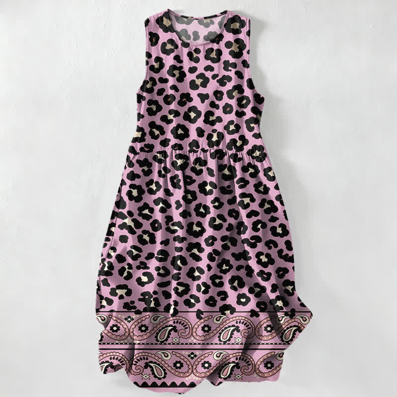 Buddha Stones Robe midi d'été décontractée pour femme, à motif léopard vintage et bordure cachemire, sans manches et avec poches - Prune - US16，UK/AU20，EU48 (3XL) - image 5