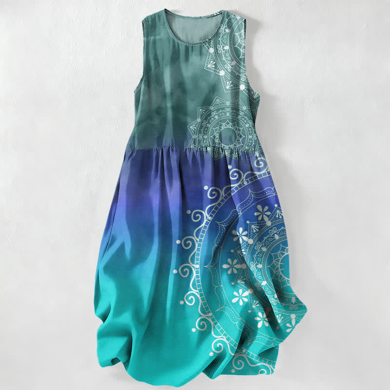 Buddha Stones Robe midi d'été décontractée bohème à motif mandala ombré avec poches pour femme - Vert clair - US16，UK/AU20，EU48 (3XL) - image 0