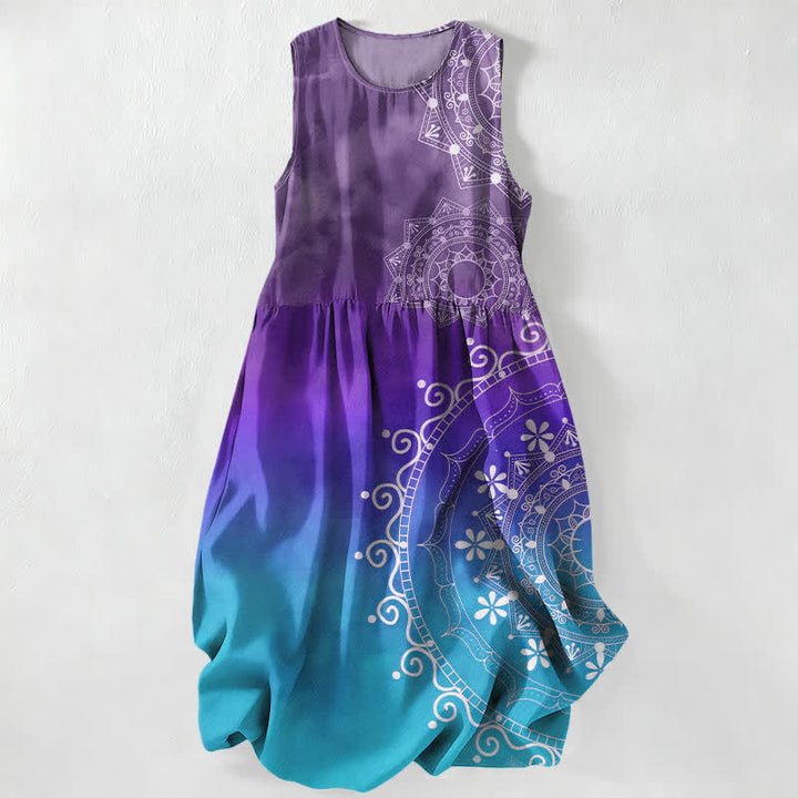 Buddha Stones Robe midi d'été décontractée bohème à motif mandala ombré avec poches pour femme - BleuViolet - US16，UK/AU20，EU48 (3XL) - image 4