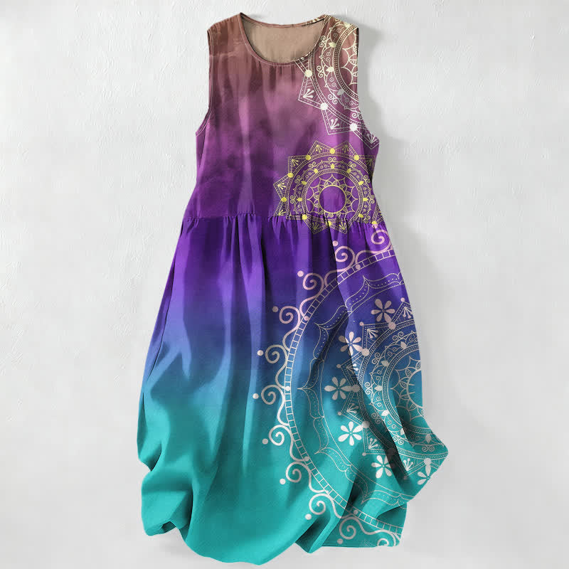 Buddha Stones Robe midi d'été décontractée bohème à motif mandala ombré avec poches pour femme - Pérou - US16，UK/AU20，EU48 (3XL) - image 5