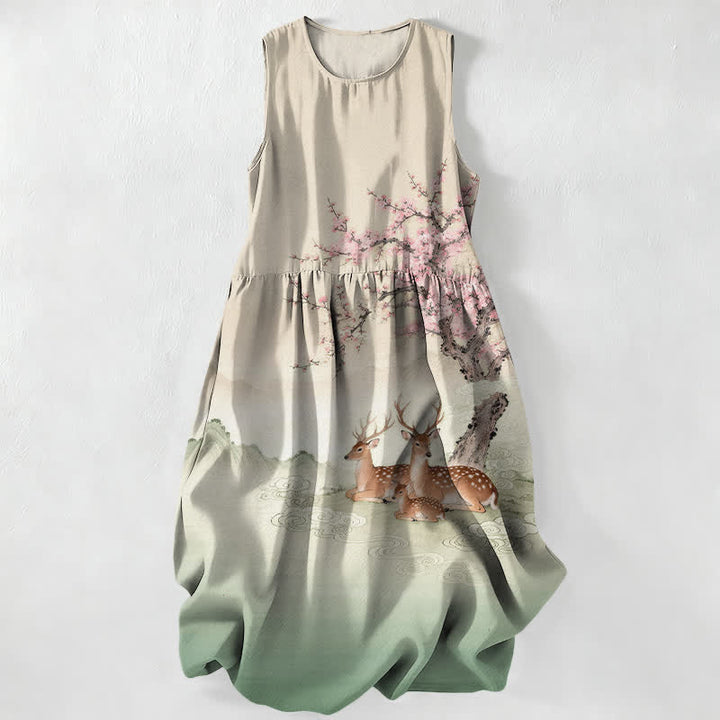 Buddha Stones Robe midi d'été décontractée pour femme, à motif paysage de fleurs de pêcher et de cerfs sika, avec poches - Beige - US16，UK/AU20，EU48 (3XL) - image 0