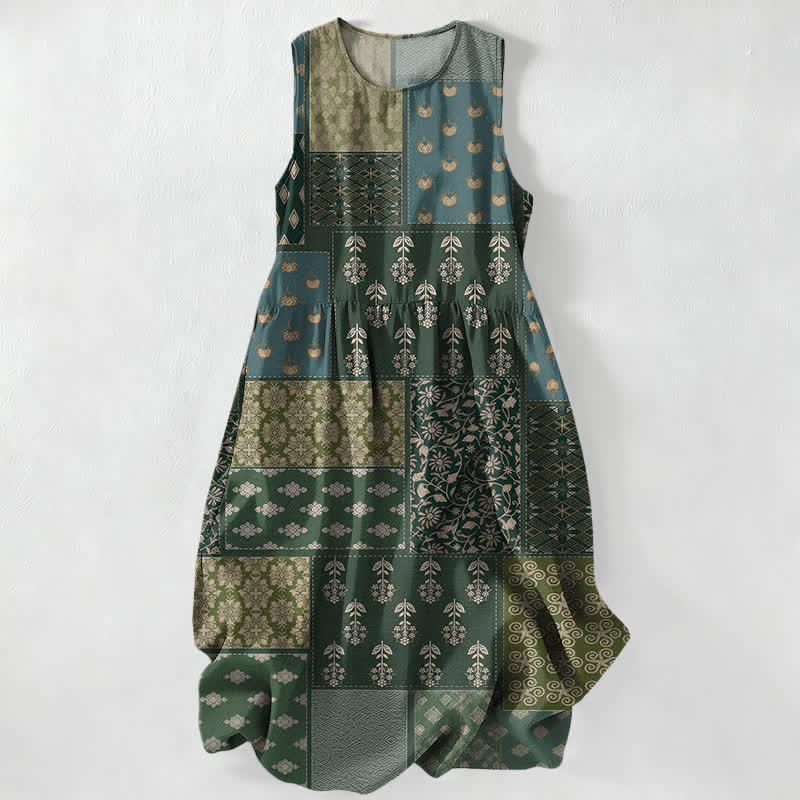 Buddha Stones Robe midi d'été décontractée et vintage à patchwork floral et feuilles, sans manches, avec poches, pour femme - Vert olive foncé - US16，UK/AU20，EU48 (3XL) - image 0