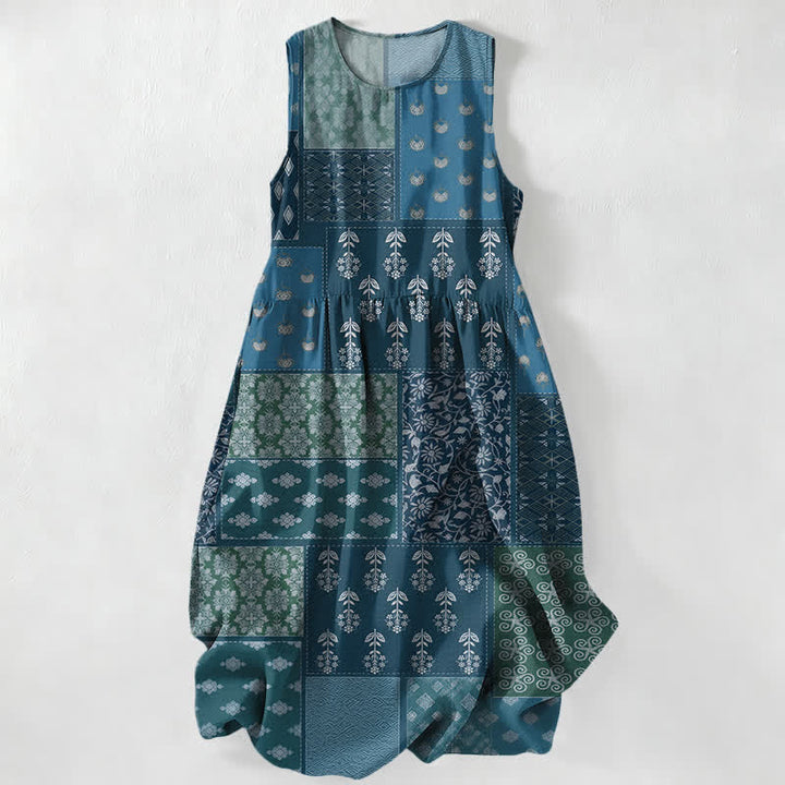 Buddha Stones Robe midi d'été décontractée et vintage à patchwork floral et feuilles, sans manches, avec poches, pour femme - CadetBlue - US16，UK/AU20，EU48 (3XL) - image 4