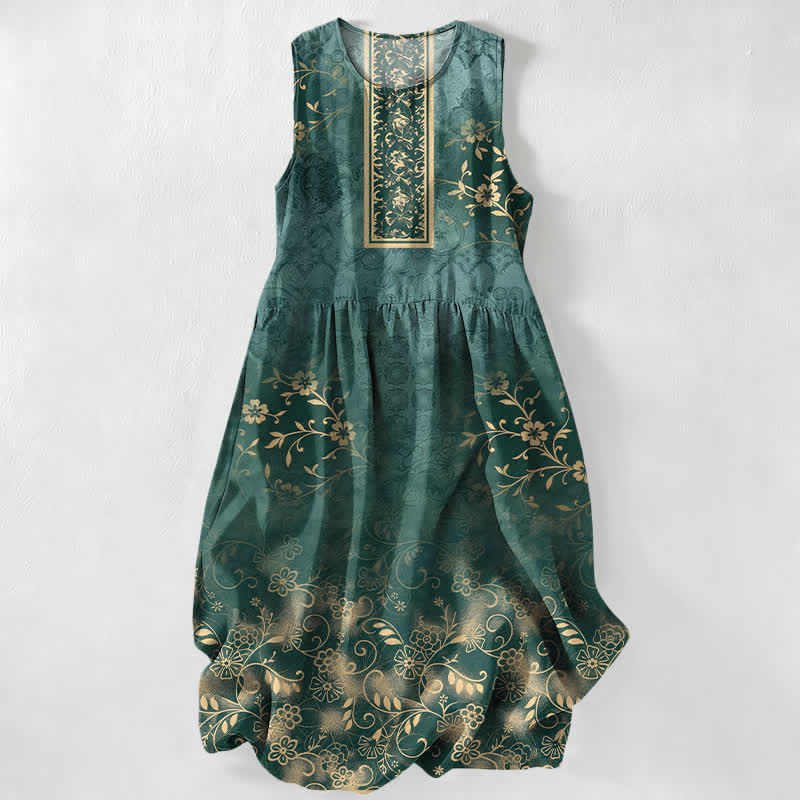 Buddha Stones Robe midi d'été décontractée pour femme, à motif floral vintage et sans manches, avec poches - Vert d'eau - US16，UK/AU20，EU48 (3XL) - image 0