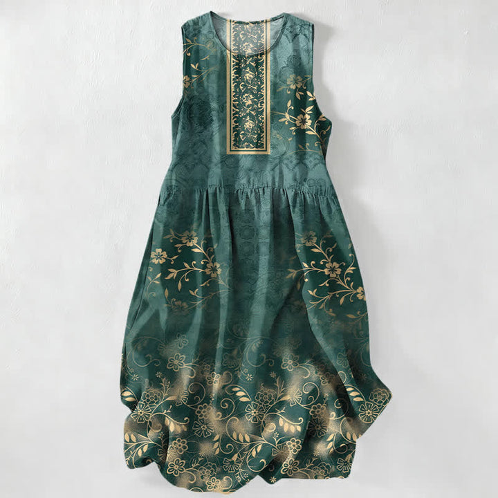 Buddha Stones Robe midi d'été décontractée pour femme, à motif floral vintage et sans manches, avec poches - Vert d'eau - US16，UK/AU20，EU48 (3XL) - image 0