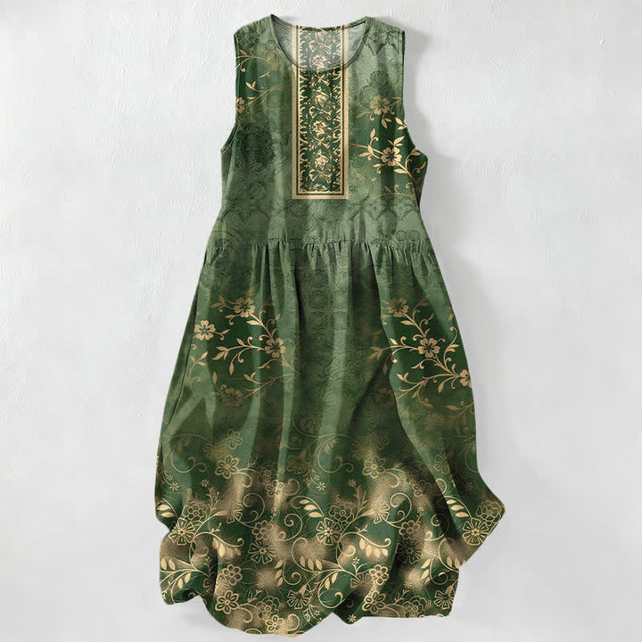 Buddha Stones Robe midi d'été décontractée pour femme, à motif floral vintage et sans manches, avec poches - Vert olive foncé - US16，UK/AU20，EU48 (3XL) - image 4