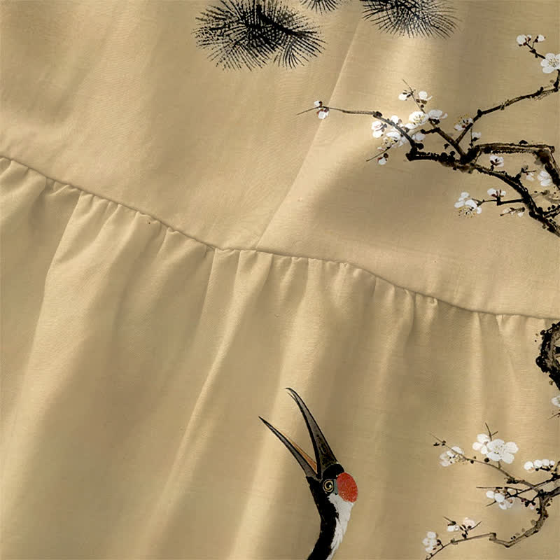 Buddha Stones Robe midi d'été décontractée pour femme, sans manches, avec poches, à motif de grues, de pruniers, de fleurs de pin et de fleurs rouges. - image 1