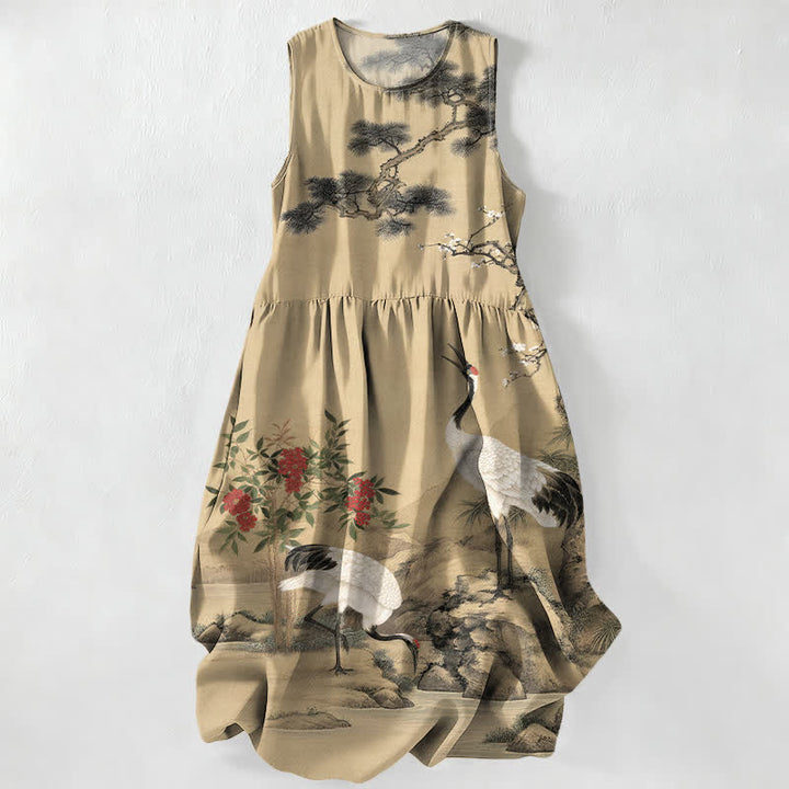 Buddha Stones Robe midi d'été décontractée pour femme, sans manches, avec poches, à motif de grues, de pruniers, de fleurs de pin et de fleurs rouges. - Tanné - US16，UK/AU20，EU48 (3XL) - image 0
