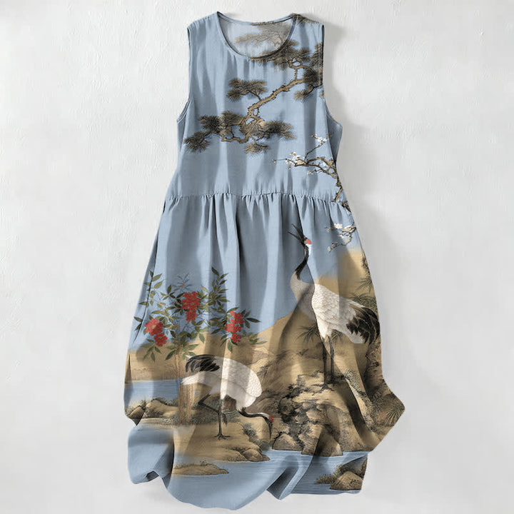 Buddha Stones Robe midi d'été décontractée pour femme, sans manches, avec poches, à motif de grues, de pruniers, de fleurs de pin et de fleurs rouges. - Bleu acier clair - US16，UK/AU20，EU48 (3XL) - image 4