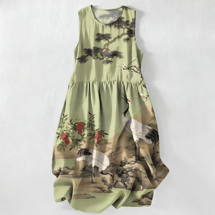 Buddha Stones Robe midi d'été décontractée pour femme, sans manches, avec poches, à motif de grues, de pruniers, de fleurs de pin et de fleurs rouges. - JauneVert - US16，UK/AU20，EU48 (3XL) - image 5