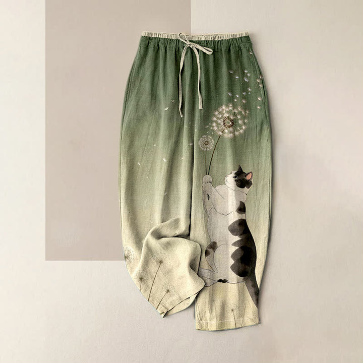 Buddha Stones Pantalon pour femme en pur coton avec motif vache, chat et pissenlit, taille élastique et poches - Vert olive - US16，UK/AU20，EU48 (3XL) - image 3