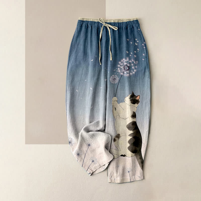 Buddha Stones Pantalon pour femme en pur coton avec motif vache, chat et pissenlit, taille élastique et poches - SteelBlue - US16，UK/AU20，EU48 (3XL) - image 4