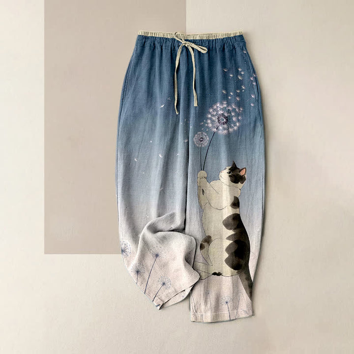 Buddha Stones Pantalon pour femme en pur coton avec motif vache, chat et pissenlit, taille élastique et poches - SteelBlue - US16，UK/AU20，EU48 (3XL) - image 4
