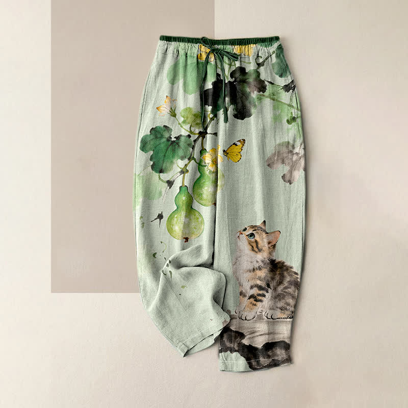 Buddha Stones Pantalon pour femme en pur coton, motif papillon et chat jaune, taille élastique et poches. - Vert pâle - US16，UK/AU20，EU48 (3XL) - image 0