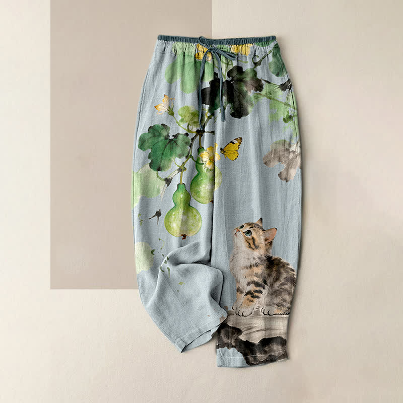 Buddha Stones Pantalon pour femme en pur coton, motif papillon et chat jaune, taille élastique et poches. - Bleu acier clair - US16，UK/AU20，EU48 (3XL) - image 3