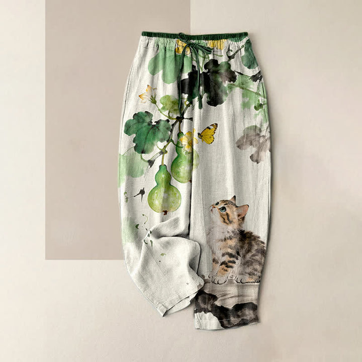 Buddha Stones Pantalon pour femme en pur coton, motif papillon et chat jaune, taille élastique et poches. - Ivoire - US16，UK/AU20，EU48 (3XL) - image 4