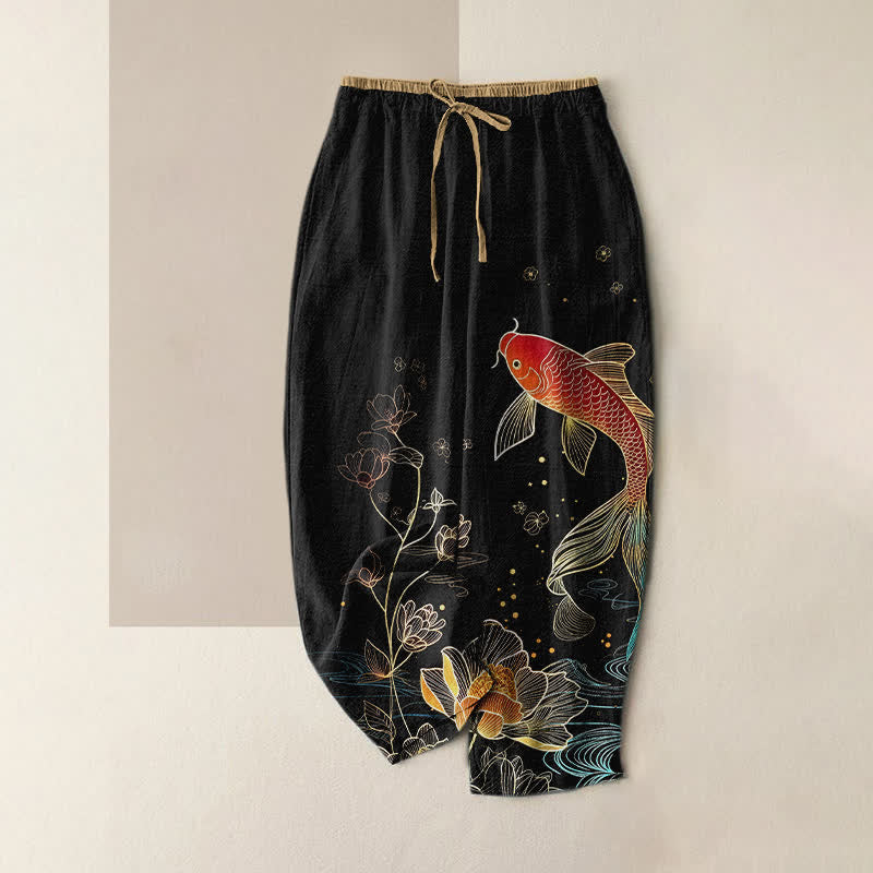 Buddha Stones Pantalon pour femme en pur coton, motif carpe koï et lotus doré, taille élastique et poches - Noir - US16，UK/AU20，EU48 (3XL) - image 0