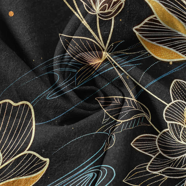 Buddha Stones Pantalon pour femme en pur coton, motif carpe koï et lotus doré, taille élastique et poches - image 3