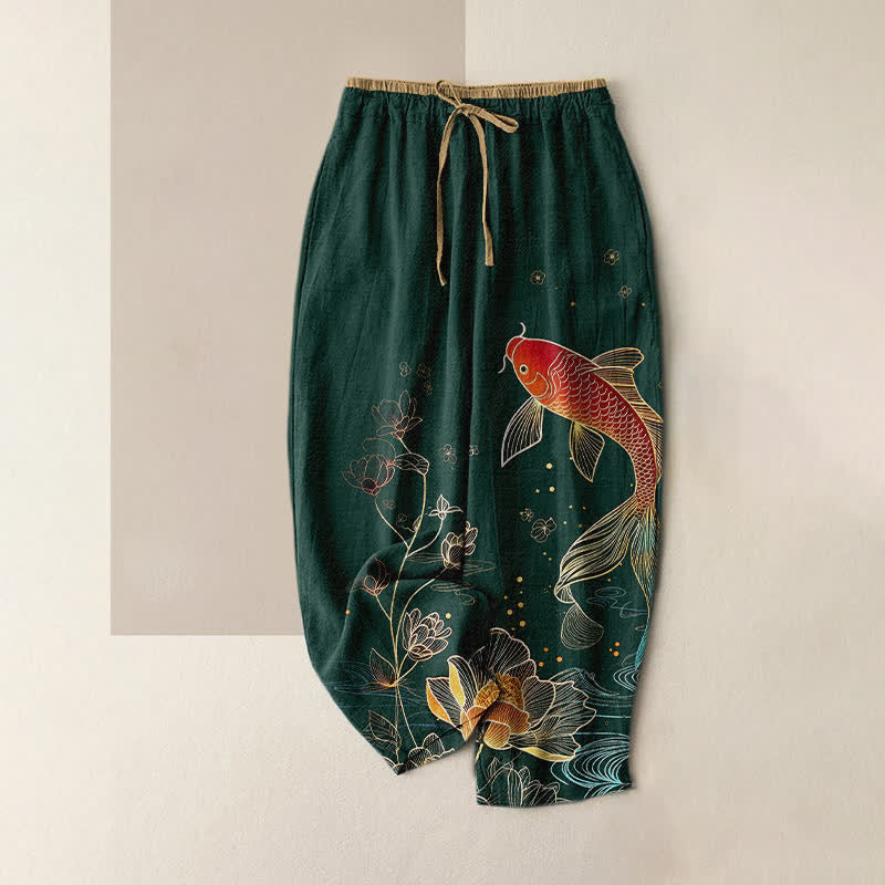 Buddha Stones Pantalon pour femme en pur coton, motif carpe koï et lotus doré, taille élastique et poches - Vert foncé - US16，UK/AU20，EU48 (3XL) - image 4