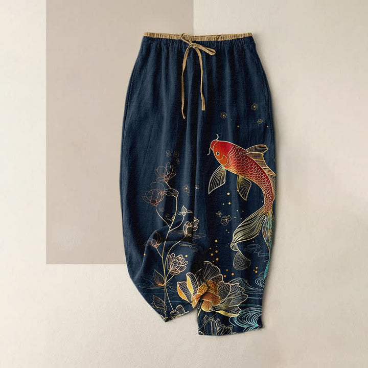 Buddha Stones Pantalon pour femme en pur coton, motif carpe koï et lotus doré, taille élastique et poches - Marine - US16，UK/AU20，EU48 (3XL) - image 5
