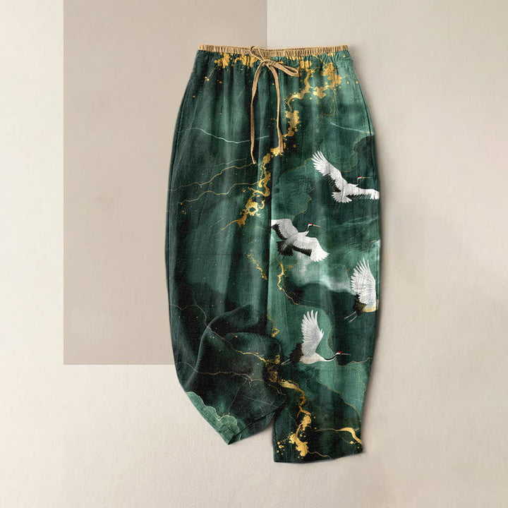 Buddha Stones Pantalon pour femme en pur coton blanc élégant à motif de grues dorées et taille élastique avec poches - DarkCyan - US16，UK/AU20，EU48 (3XL) - image 0