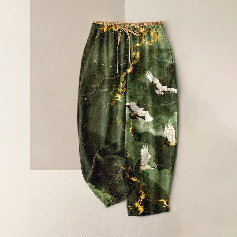 Buddha Stones Pantalon pour femme en pur coton blanc élégant à motif de grues dorées et taille élastique avec poches - Vert olive foncé - US16，UK/AU20，EU48 (3XL) - image 4