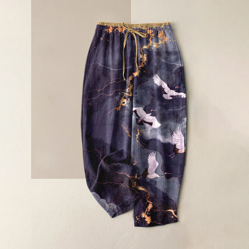 Buddha Stones Pantalon pour femme en pur coton blanc élégant à motif de grues dorées et taille élastique avec poches - BleuViolet - US16，UK/AU20，EU48 (3XL) - image 5