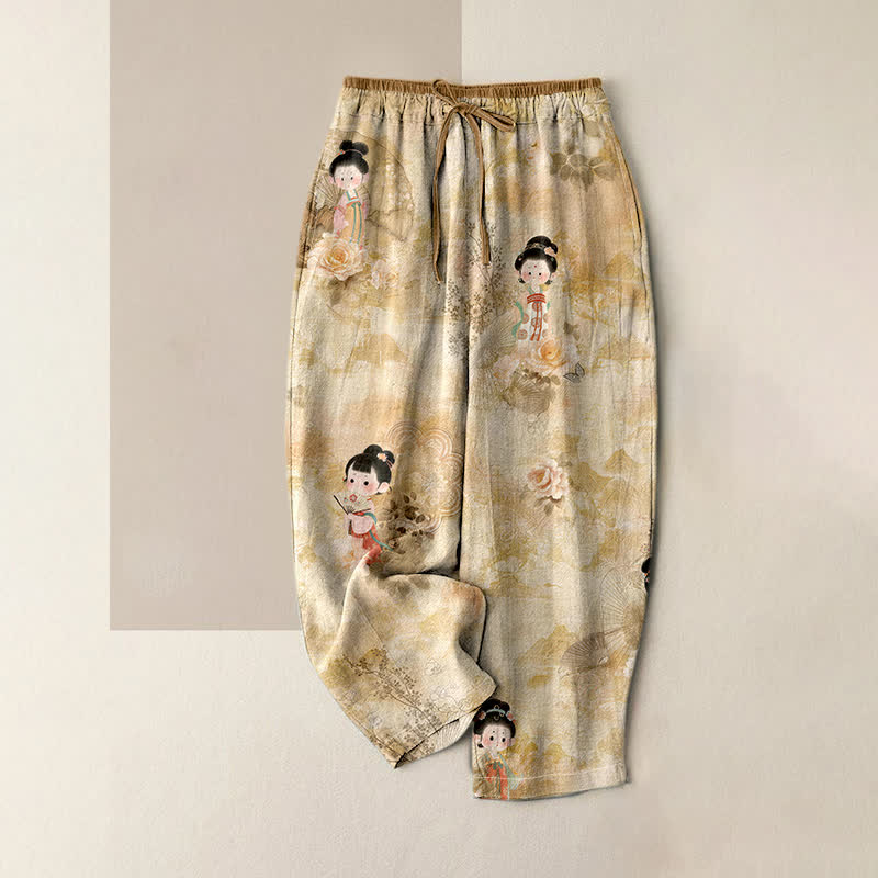 Buddha Stones Pantalon pour femme en pur coton, motif floral geisha vintage, taille élastique et poches - BurlyWood - US16，UK/AU20，EU48 (3XL) - image 0