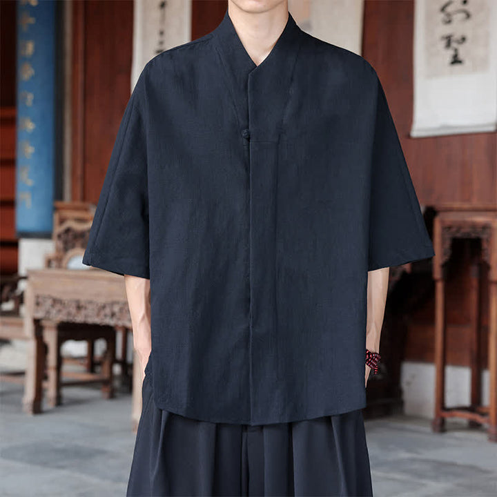 Buddha Stones Chemises minimalistes pour hommes, style Tang, longueur coude, style Pankou, collection printemps-été. - Noir - US/UK/AU46，EU56 (5XL) - image 9